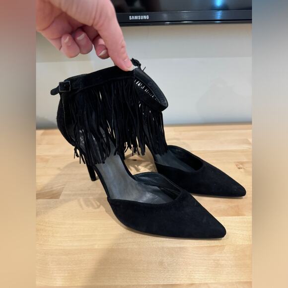 Stuart Weitzman Fringelica Fringe Suede Ankle Strap Pump Black Women Sz 7.5 M - Picture 8 of 16